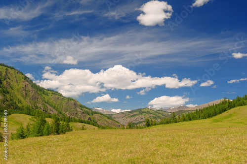 Highland meadow, sky and clouds in Altai mountains in summer