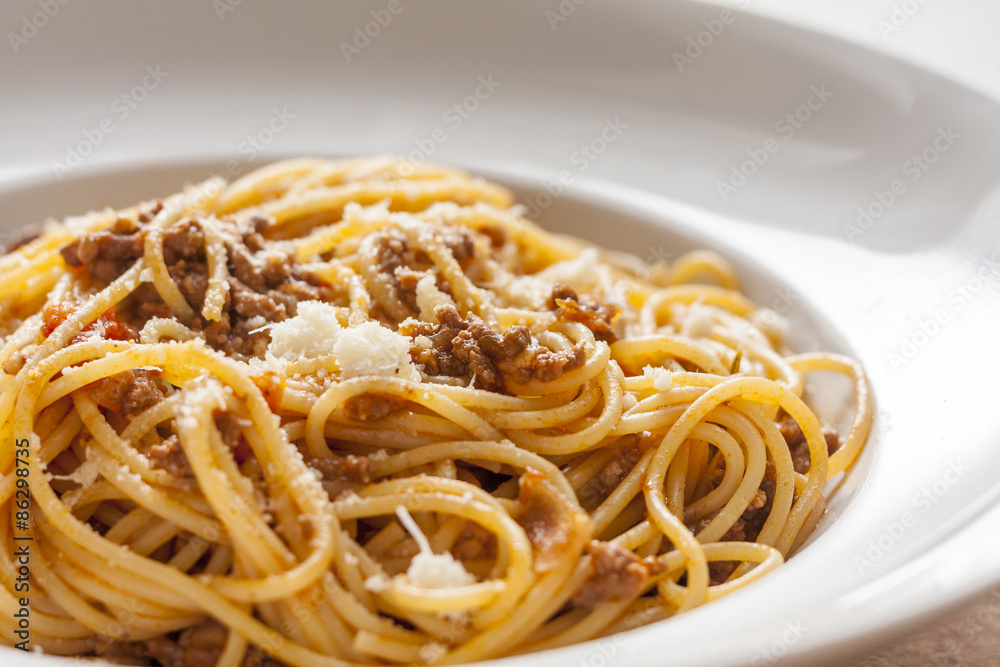 Spaghetti Bolognese in a white bowl