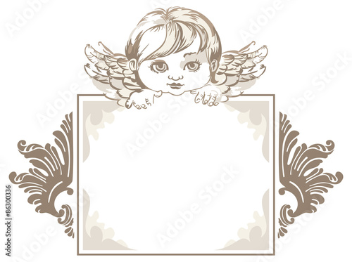 grayscale frame with angel head in vintage style