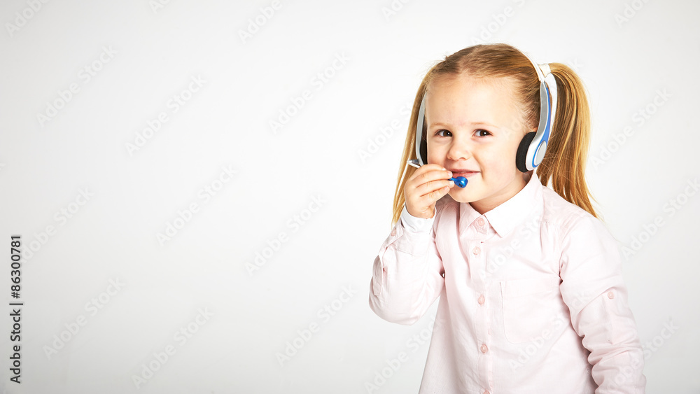 Young cheerful female customer support operator with headset and Young cheerful female customer support operator with headset and