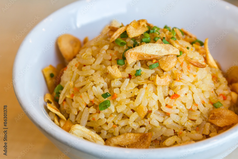 Close up Garlic Fried Rice in bowl. Close up Garlic Fried Rice in bowl.
