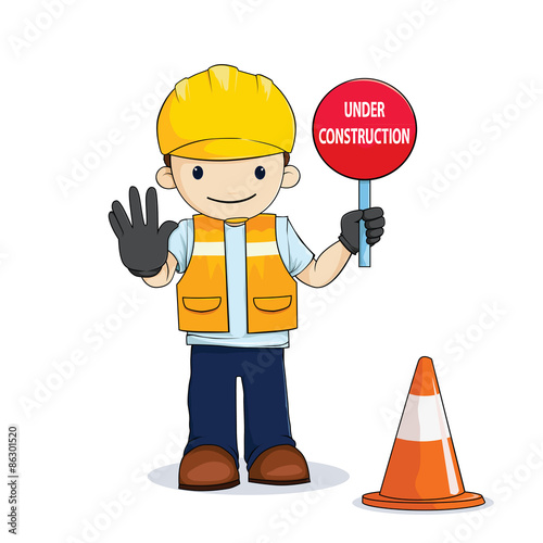 worker with under construction sign cartoon