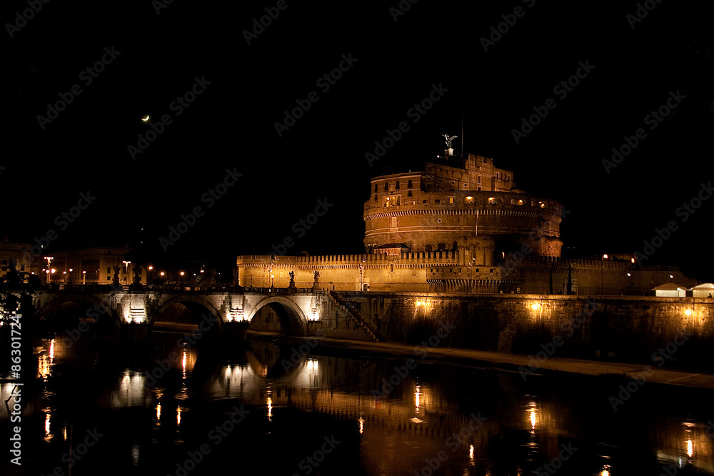 Mausoleum of Hadrian, moon and the bridge in the nighttime 