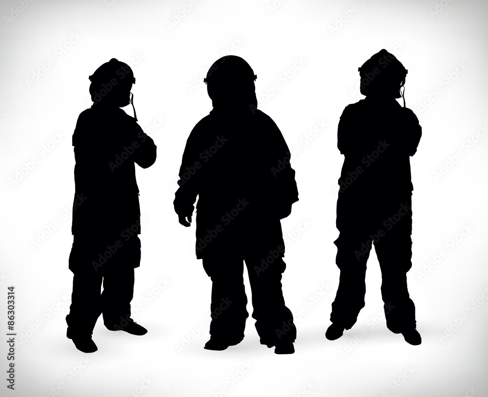 Fototapeta premium Black silhouette of a group of firemen isolated on a white background
