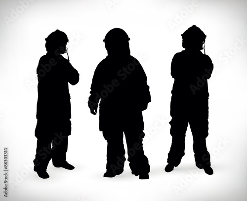Black silhouette of a group of firemen isolated on a white background