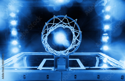 Basketball Hoop in a sports arena (blue toned)