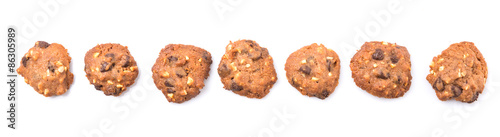 Homemade chocolate chip cookies over white background