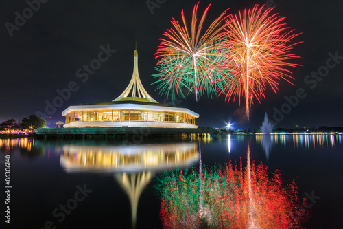 Monument at public park Suan Luang Rama 9 with Colorful Fireworks, Thailand photo