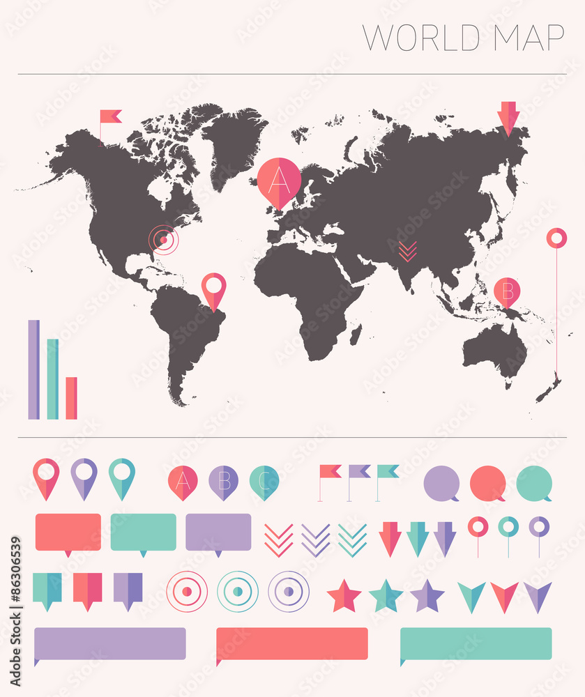 World map with set info graphics elements flat