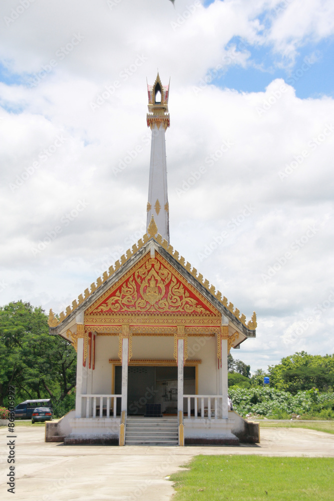 Crematorium with cloud and blue sky background in Thailand.