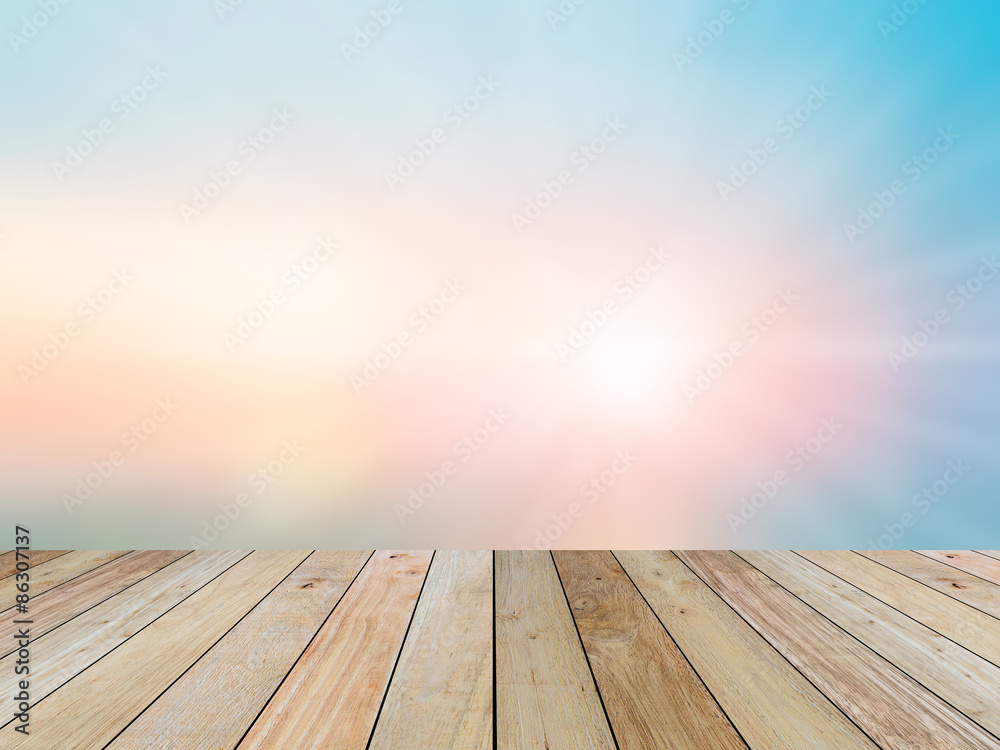 Wooden paving and Blurred nature background.