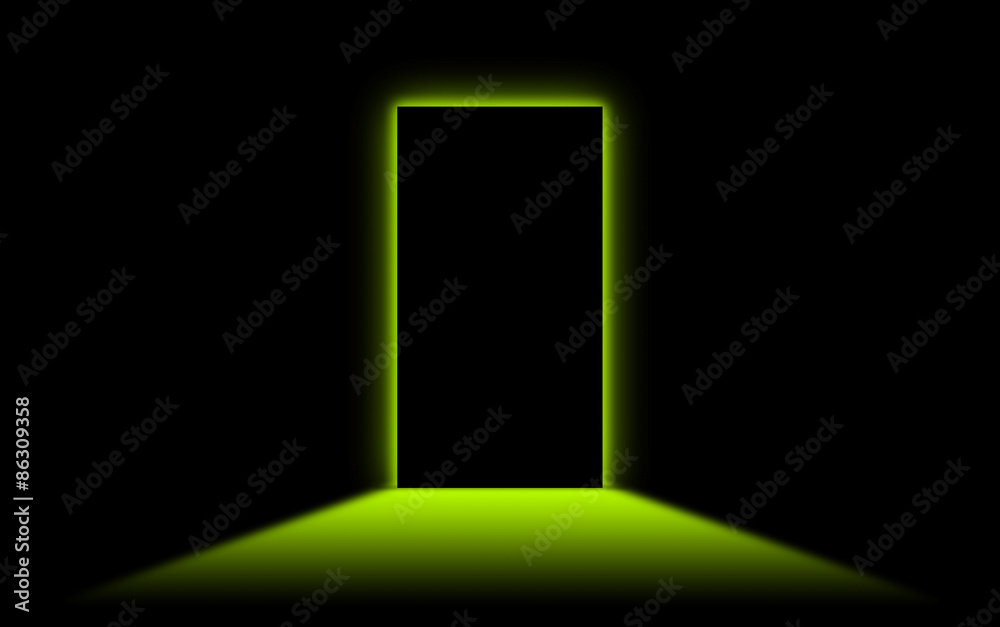 Black door with bright neonlight at the other side