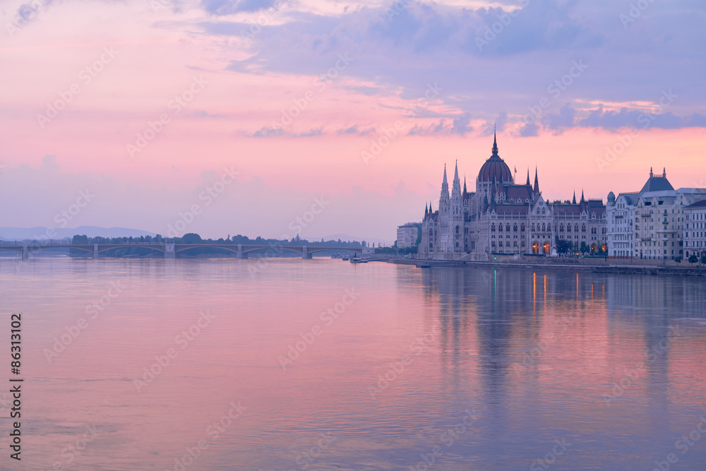 Parliament building in Budapest, Hungary at sunrise