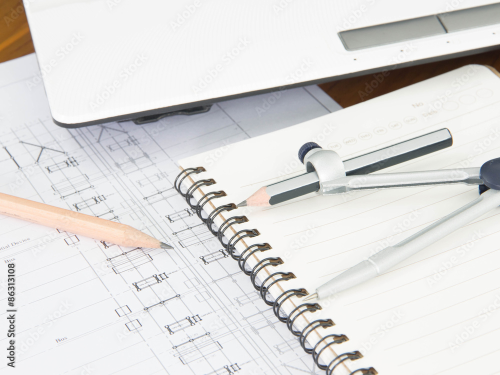 Pencil and Drawing circle with architectural blueprint of office Pencil and Drawing circle with architectural blueprint of office