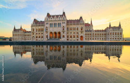 Parliament building in Budapest on a sunset with reflection