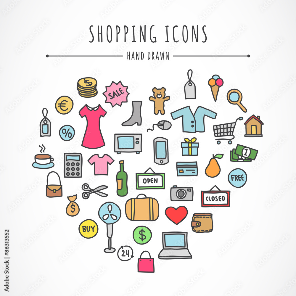 Hand drawn shopping icons: clothes, computer, electronics, bags, money, toys, food Hand drawn shopping icons: clothes, computer, electronics, bags, money, toys, food