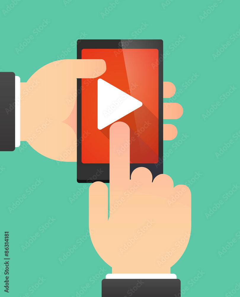 Man's hands using a phone showing a play sign