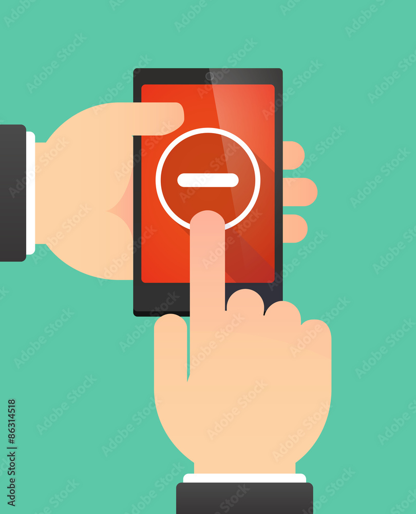 Man's hands using a phone showing a subtraction sign Man's hands using a phone showing a subtraction sign