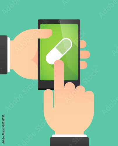 Man's hands using a phone showing a pill