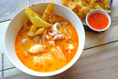 Seafood Tomyam soup in the bowl - Thai food