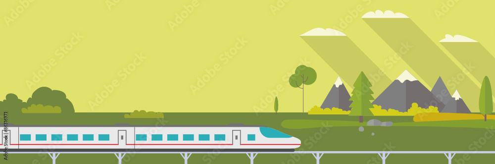 Train on railway with forest and mountains background. Flat style vector illustration.