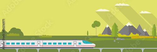 Train on railway with forest and mountains background. Flat style vector illustration.