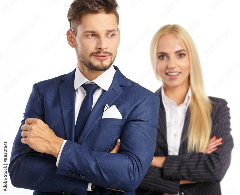 Young smiling business woman and business man isolated over whit Young smiling business woman and business man isolated over whit