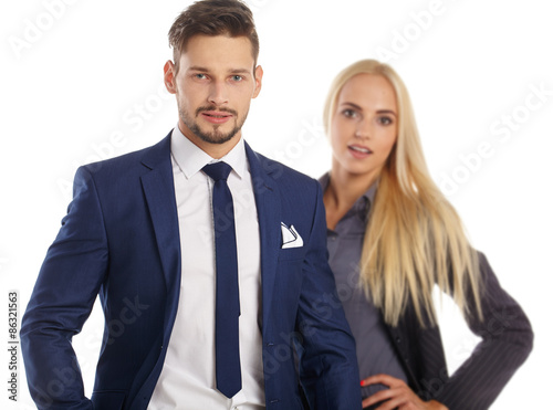 Young smiling business woman and business man isolated over whit