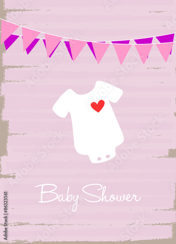 baby shower invitation card, baby bodysuit on light pink background with pink bunting