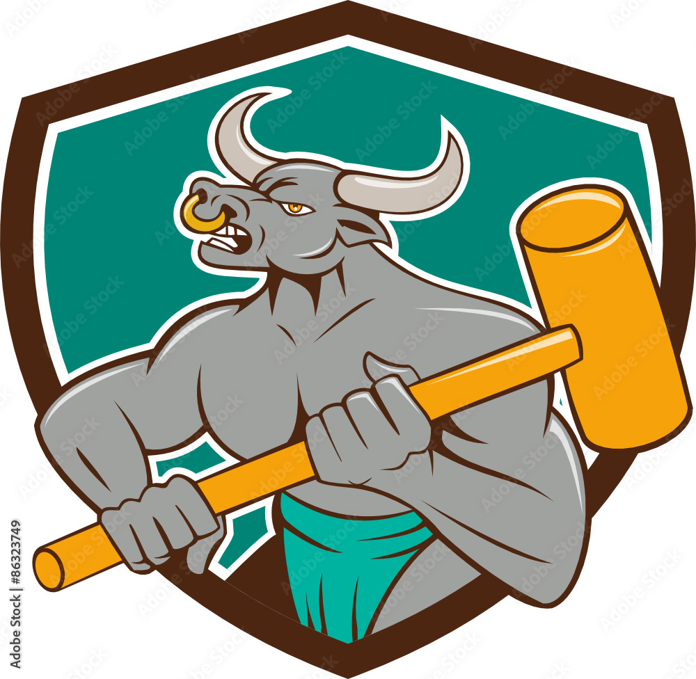 Minotaur Wielding Sledgehammer Shield Cartoon Minotaur Wielding Sledgehammer Shield Cartoon