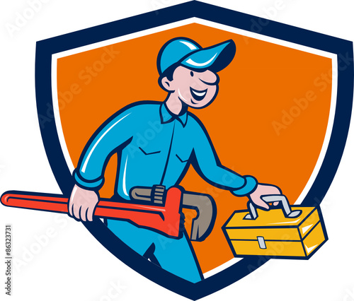 Plumber Carrying Monkey Wrench Toolbox Shield