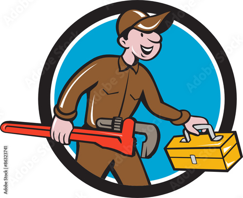 Plumber Carrying Monkey Wrench Toolbox Circle 