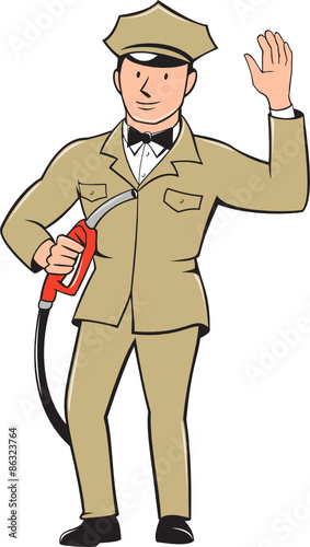 Gas Jockey Attendant Waving Isolated Cartoon