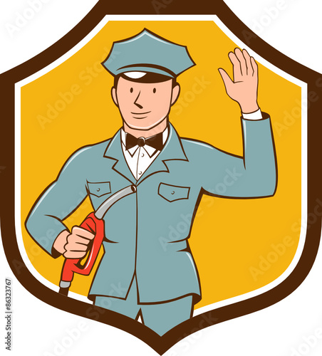 Gas Jockey Attendant Waving Shield Cartoon