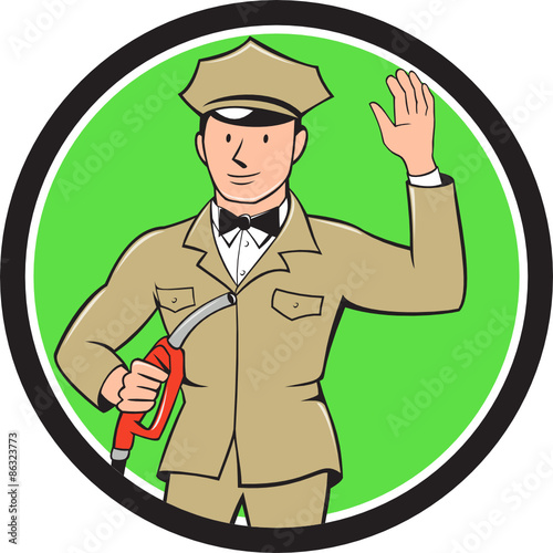 Gas Jockey Attendant Waving Circle Cartoon