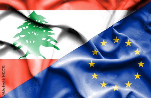 Waving flag of European Union and Lebanon