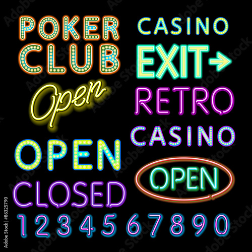 Cartoon illustration of various neon light signage and design