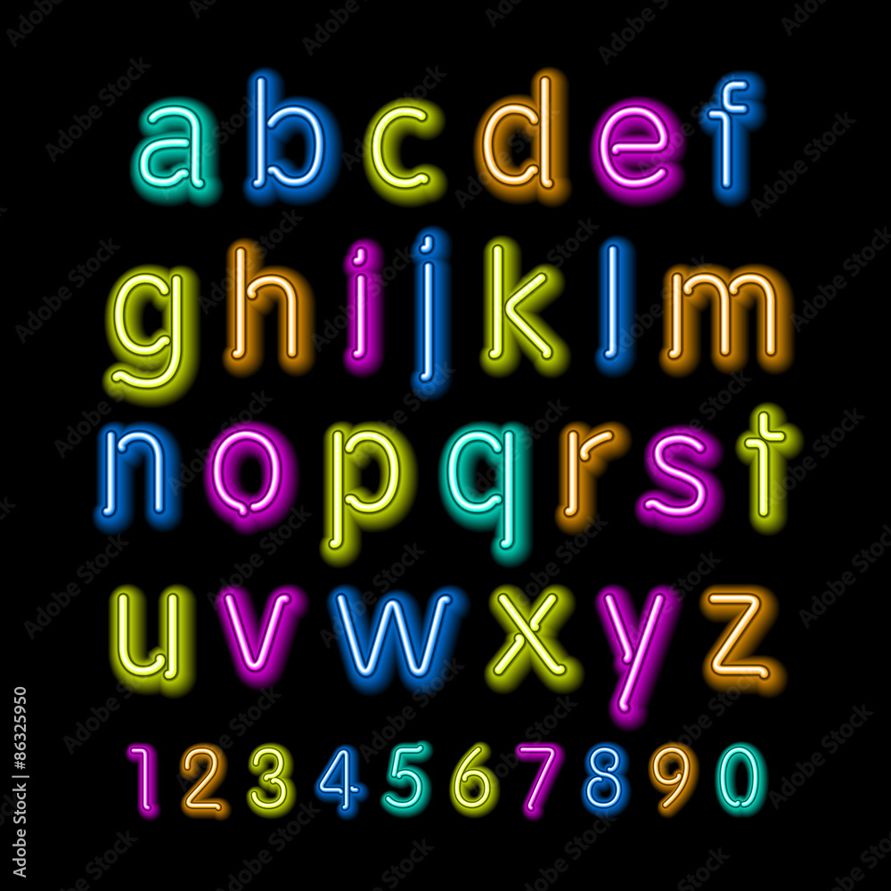 Neon glow alphabet. Vector design party retro 3d art neon font,