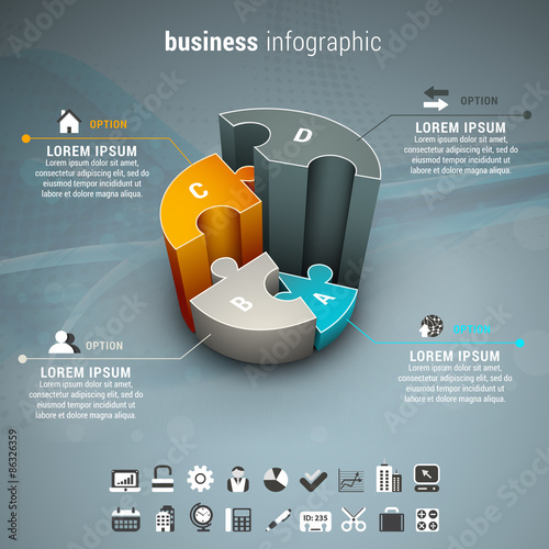 Business infographic with pie chart made of puzzle.