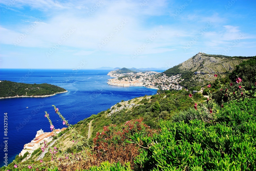 Old town Dubrovnik with blue Adriatic sea and Mediterranean vegetation