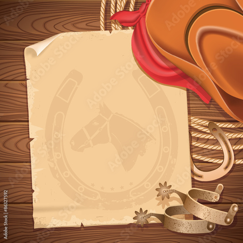 Wild west background with cowboy hat and american lasso on wood