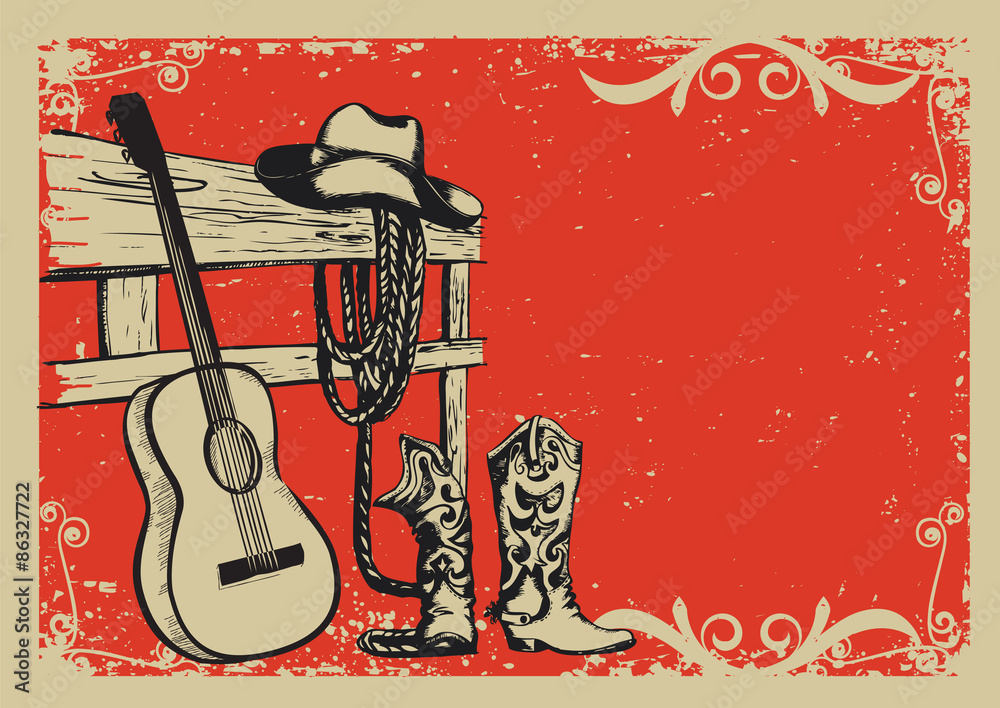 Fototapeta premium Vintage poster with cowboy clothes and music guitar