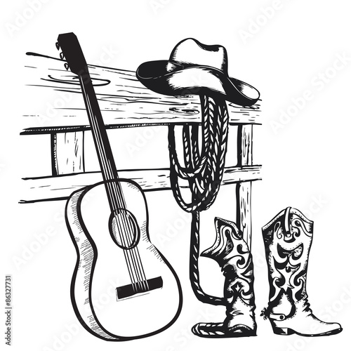 Vintage poster with cowboy clothes and music guitar