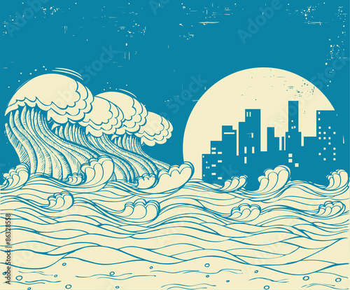 Big waves in night.Vector poster illustration on old paper textu