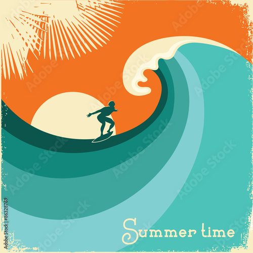 Surfer and sea wave.Retro poster illustration
