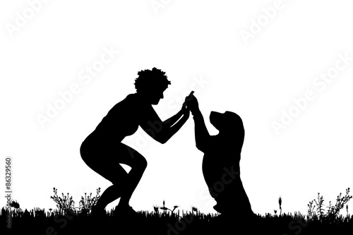 Vector silhouette of a woman with a dog.
