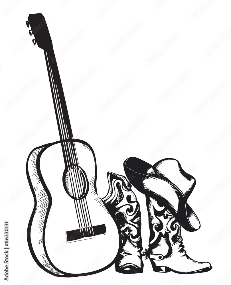 Obraz premium cowboy boots and music guitar isolated on white