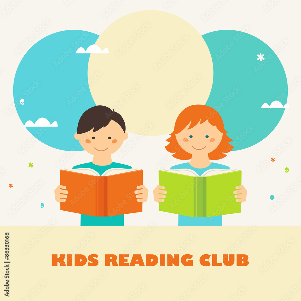 Boy and Girl Reading Books. Kids Reading Club Sign. Reading and Education Concept Boy and Girl Reading Books. Kids Reading Club Sign. Reading and Education Concept