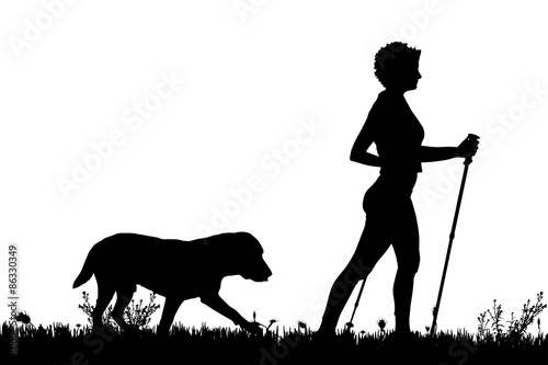 Vector silhouette of a woman with a dog.