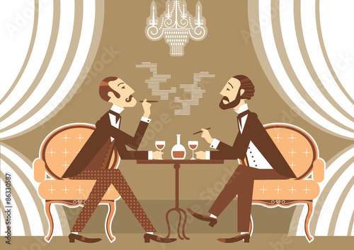 Vector gentlemen talking and drinking alcohol in club
